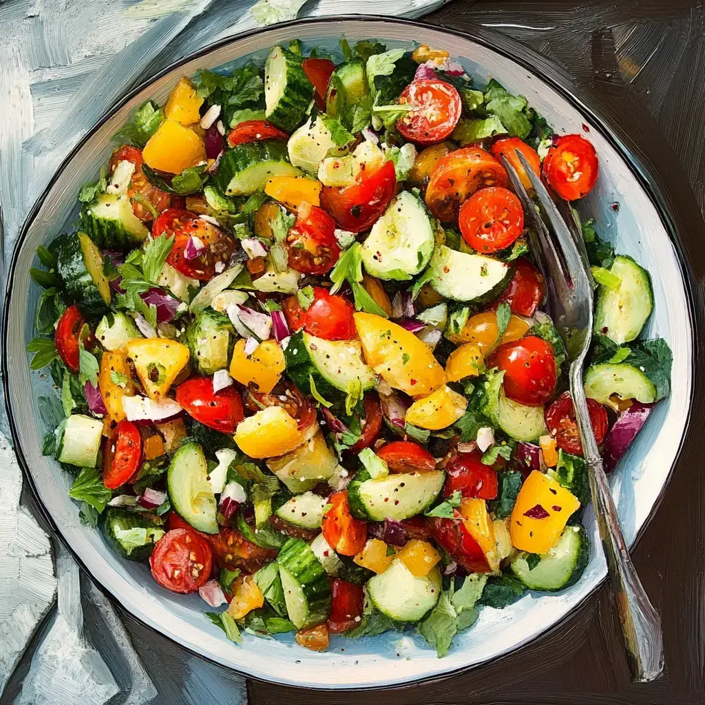 Une salade colorée de concombres, tomates cerises, poivrons jaunes et mesclun, relevée d'herbes et d'oignon rouge.