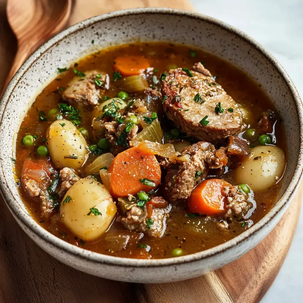 Un bol de bœuf mijoté aux carottes, pommes de terre et petits pois dans son bouillon parfumé.