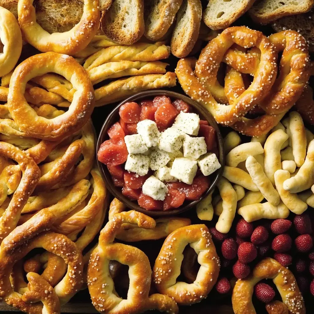 Un plateau avec des bretzels et un bol de pastèque à la feta poivrée, décoré de fraises.