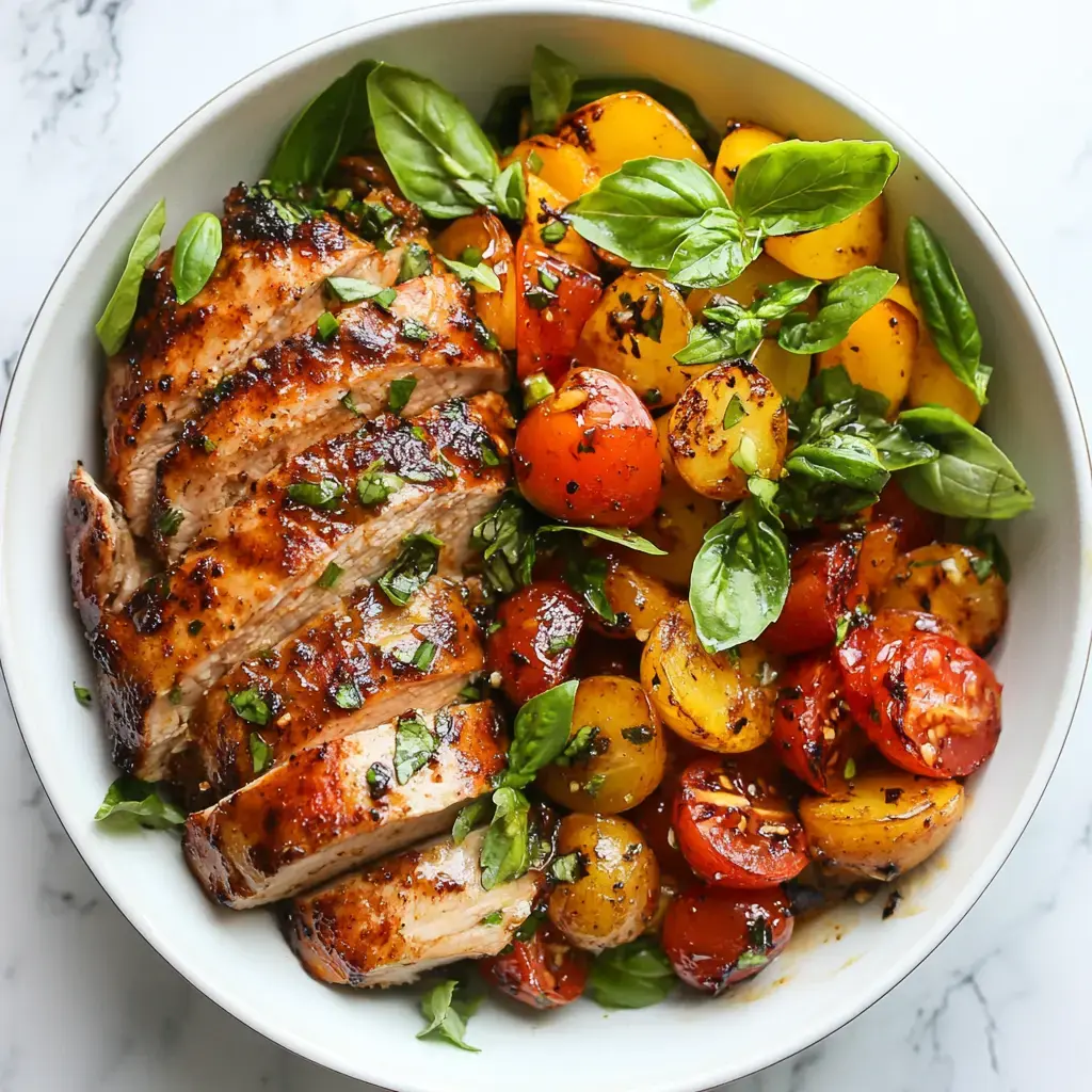 Un bol contenant du poulet grillé tranché accompagné de tomates rôties et de feuilles de basilic frais.