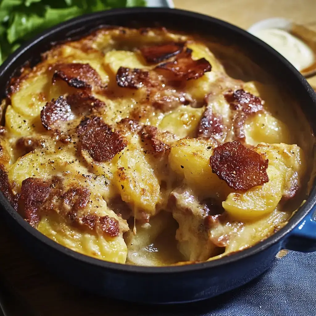 Gratin de pommes de terre doré, garni de morceaux de bacon croustillants.