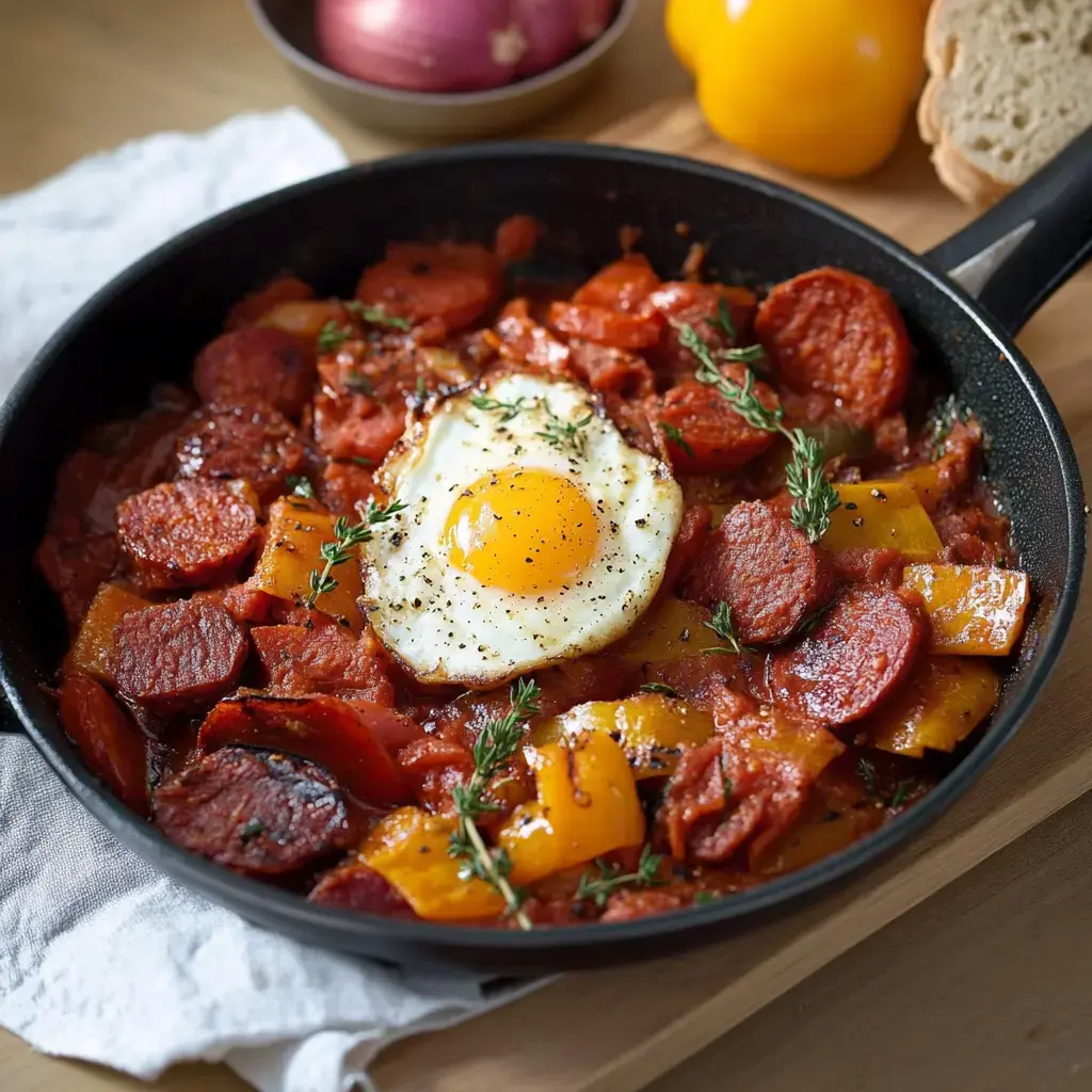 Une poêle contient un mélange de chorizo, de poivrons, de tomates et un œuf au plat, garni de thym frais.