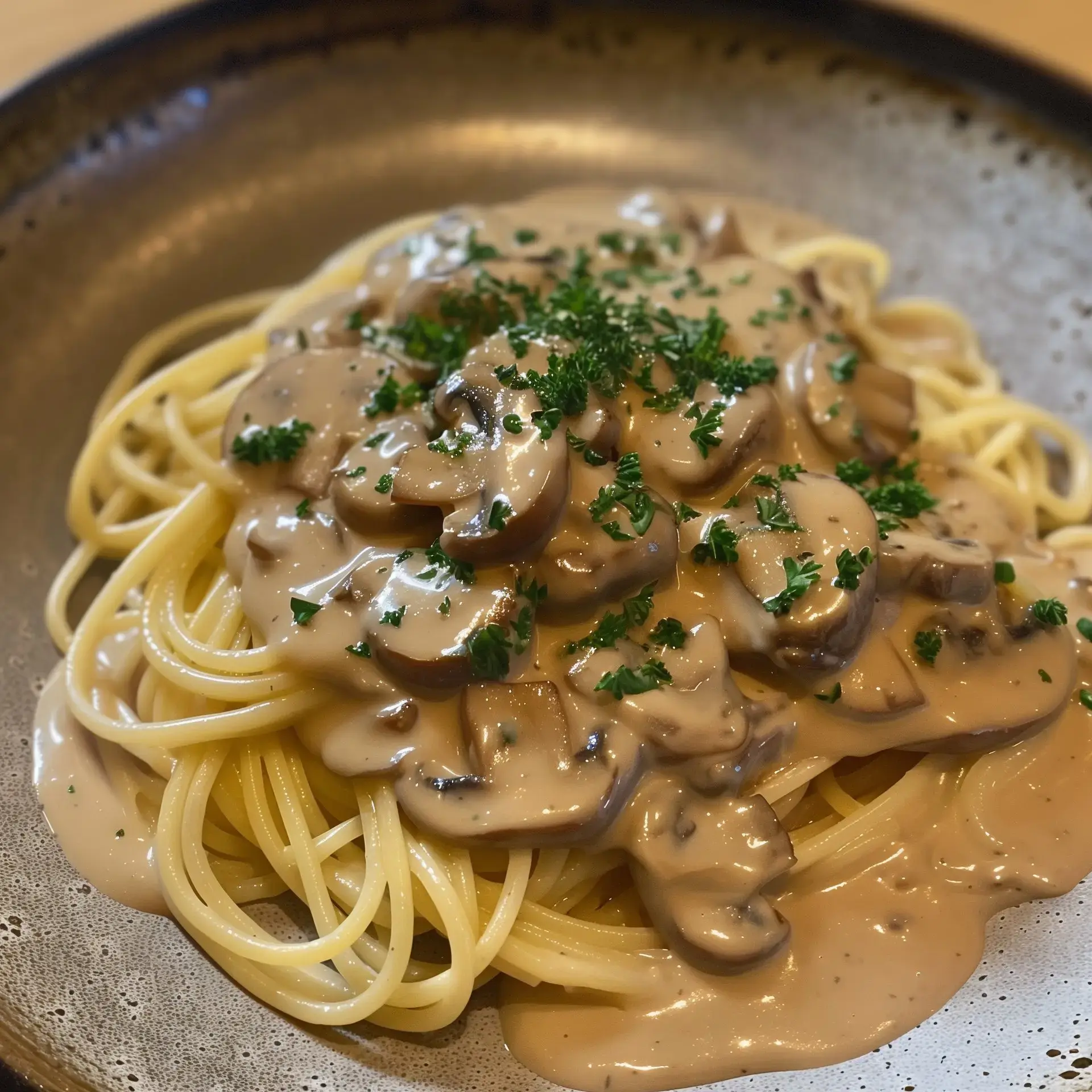 Spaghetti servis avec une sauce crémeuse aux champignons et parsemés de persil.