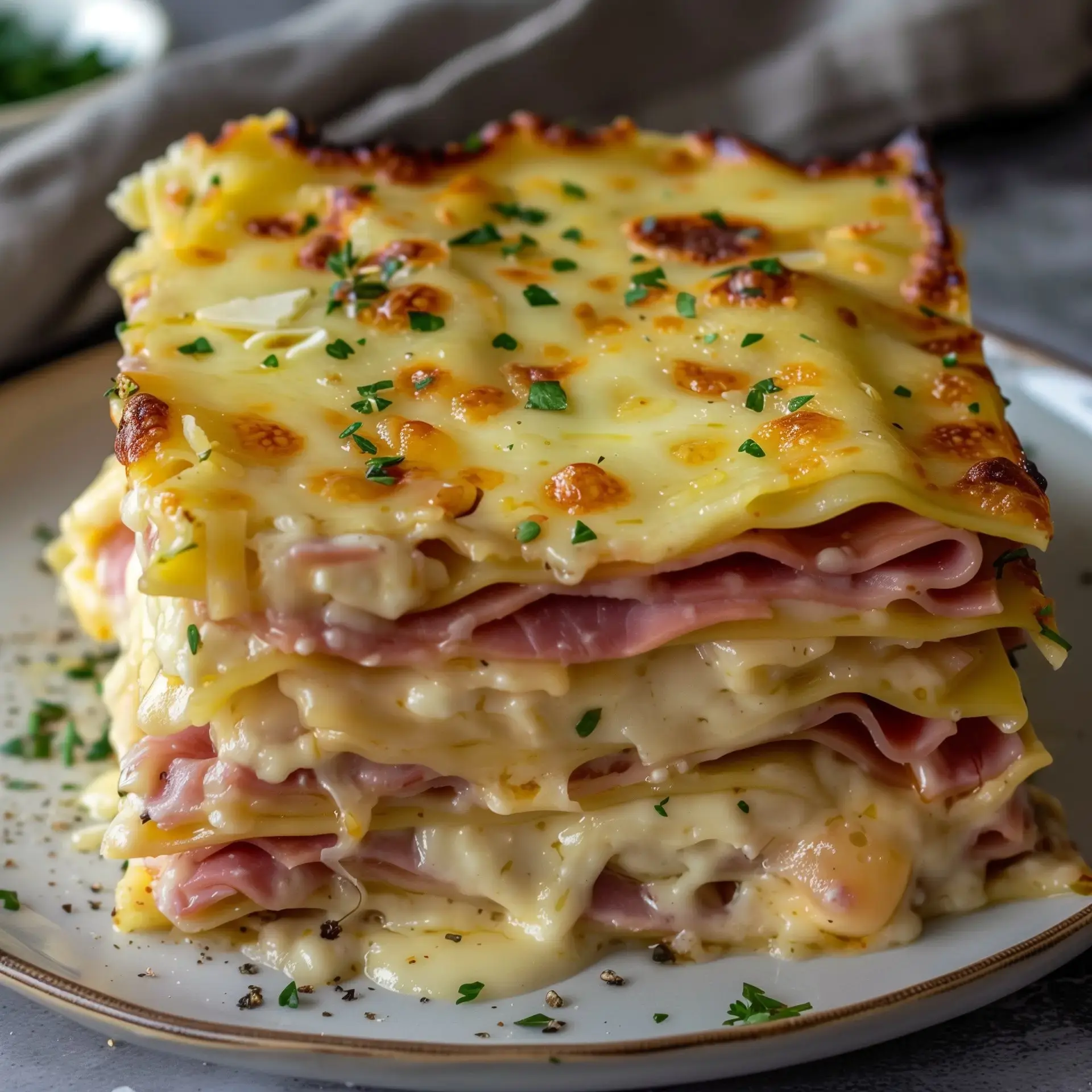 Un plat de lasagne parfaitement empilé, garni de fromage fondu et de jambon, saupoudré de persil frais.