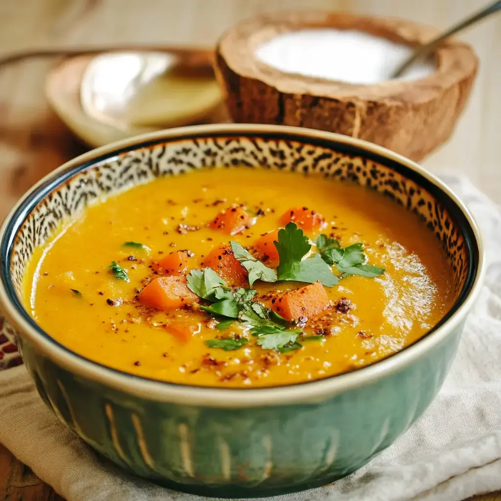 Un bol de soupe dorée garni de cubes de carotte et de coriandre, accompagné d'un bol de sel en arrière-plan.