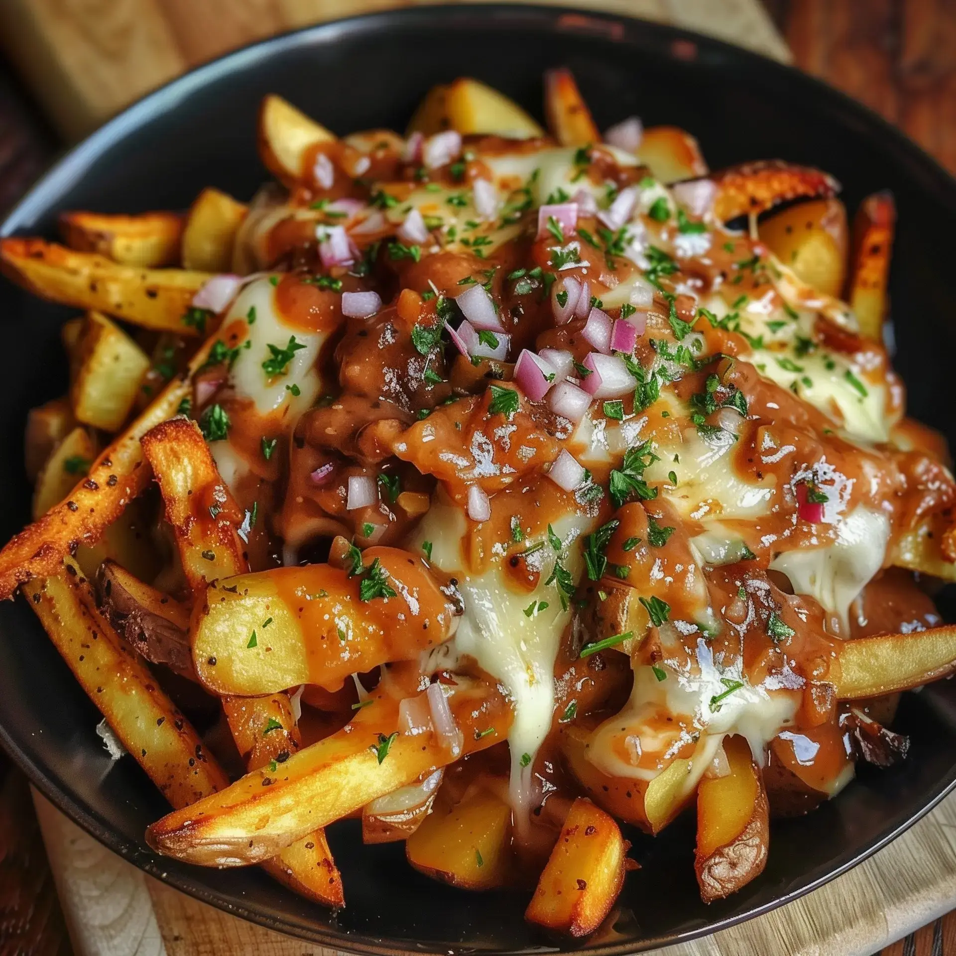 Alt text en français : "Une assiette de frites recouvertes de sauce brune, de fromage fondu, d'oignons rouges hachés et de persil."