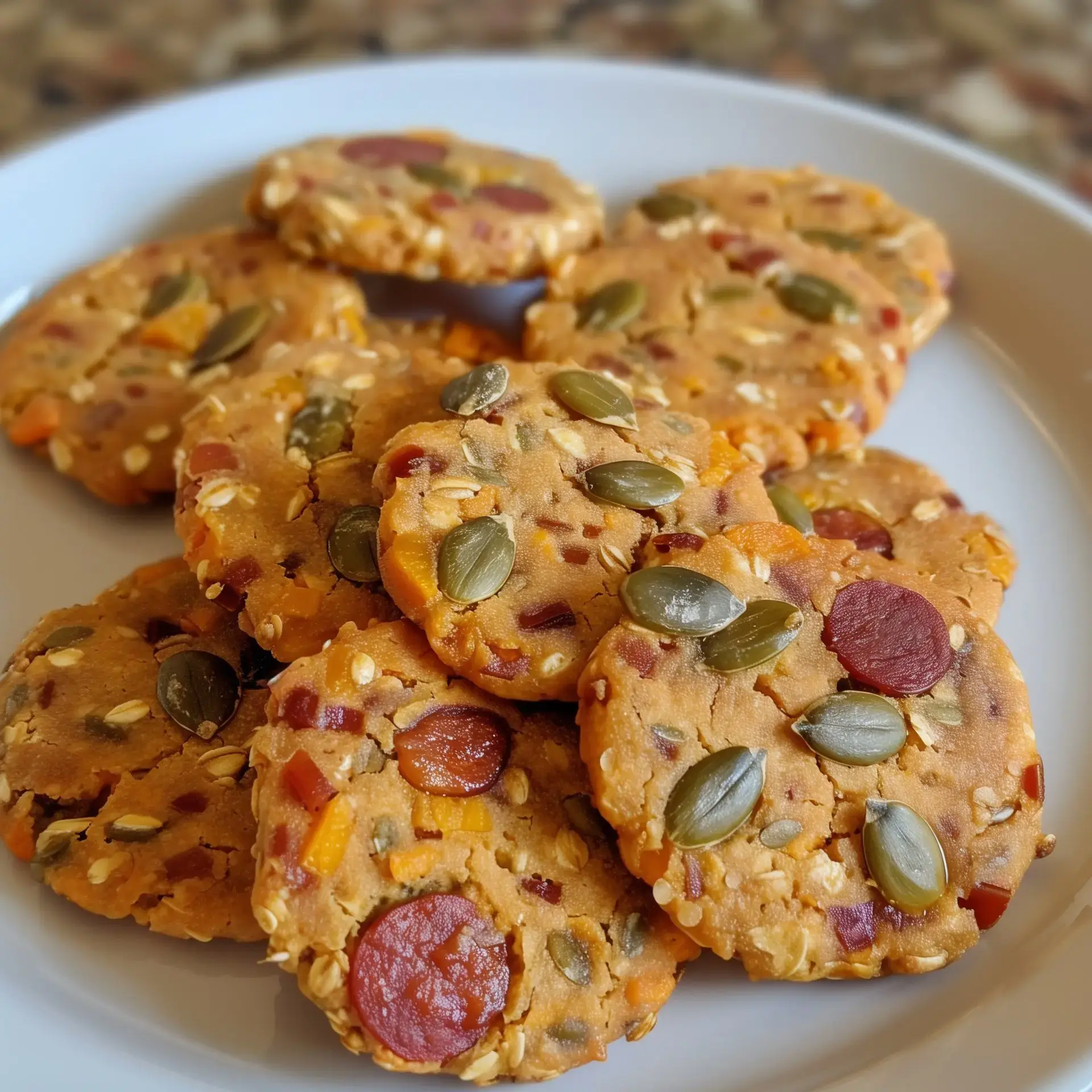 Des biscuits ronds aux fruits secs et graines, disposés sur une assiette blanche.