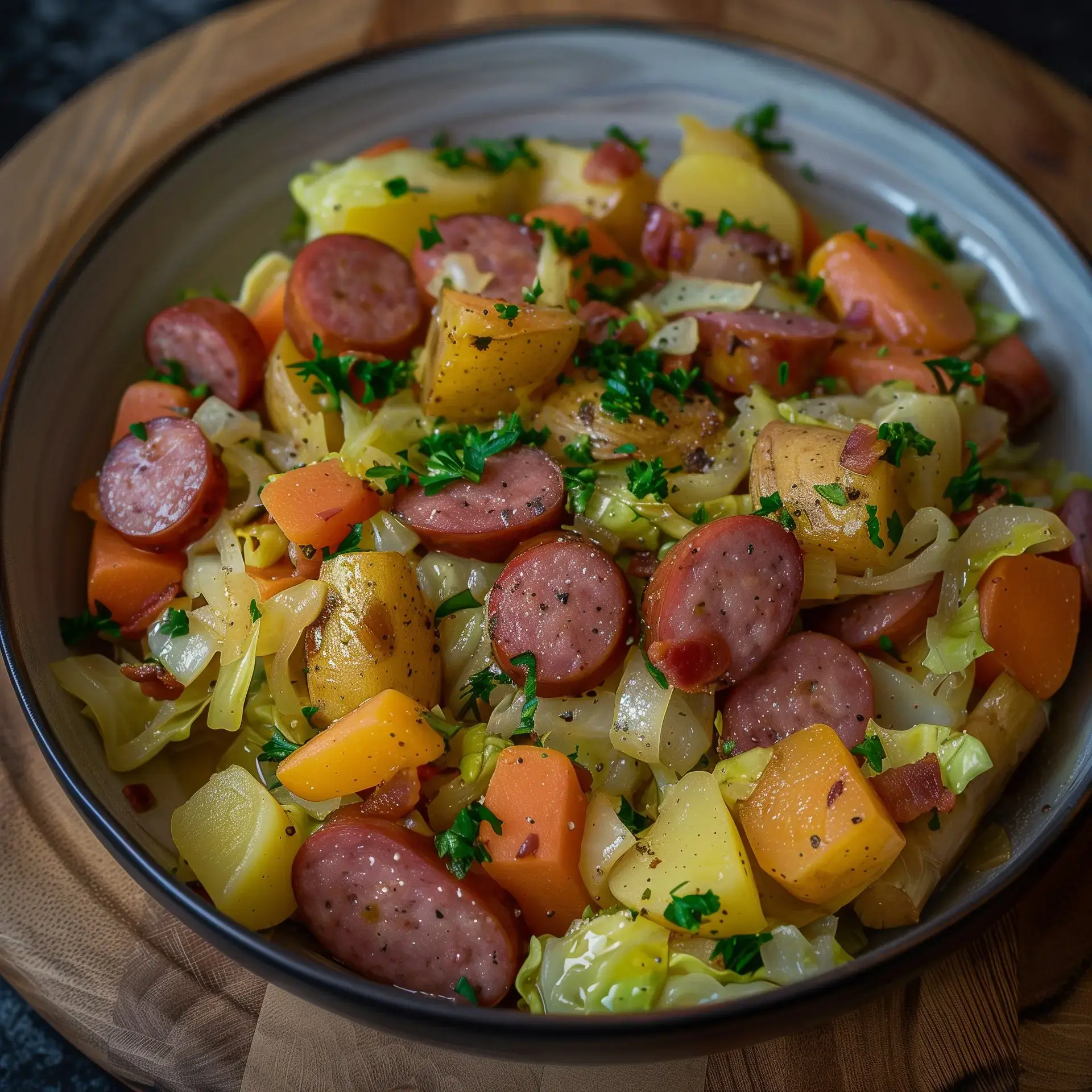 Une assiette de chou et de légumes variés, accompagnés de tranches de saucisse, garnie de persil frais.