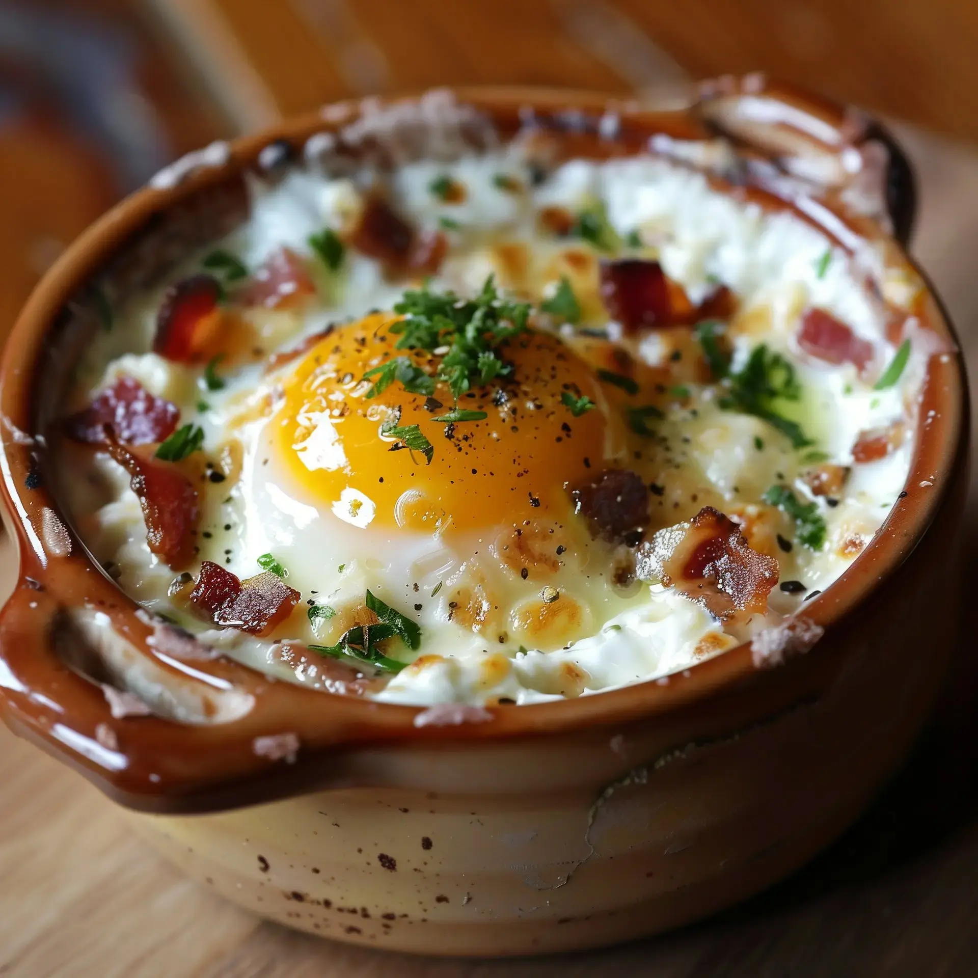 Un plat de cuisson en terre cuite contenant un œuf au centre, entouré de crème, de bacon grillé et de persil haché.