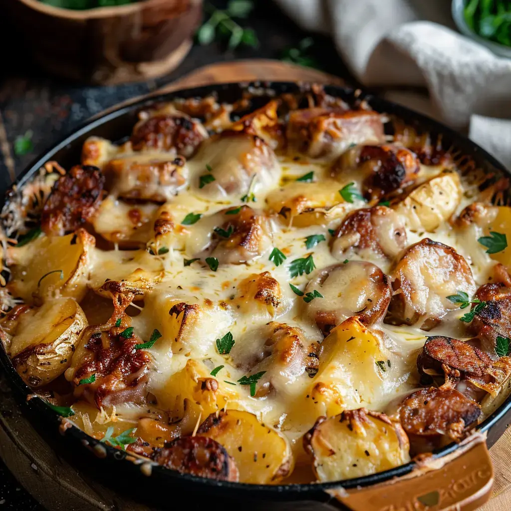 Un plat savoureux de pommes de terre, saucisses et fromage fondu, garni de persil frais.