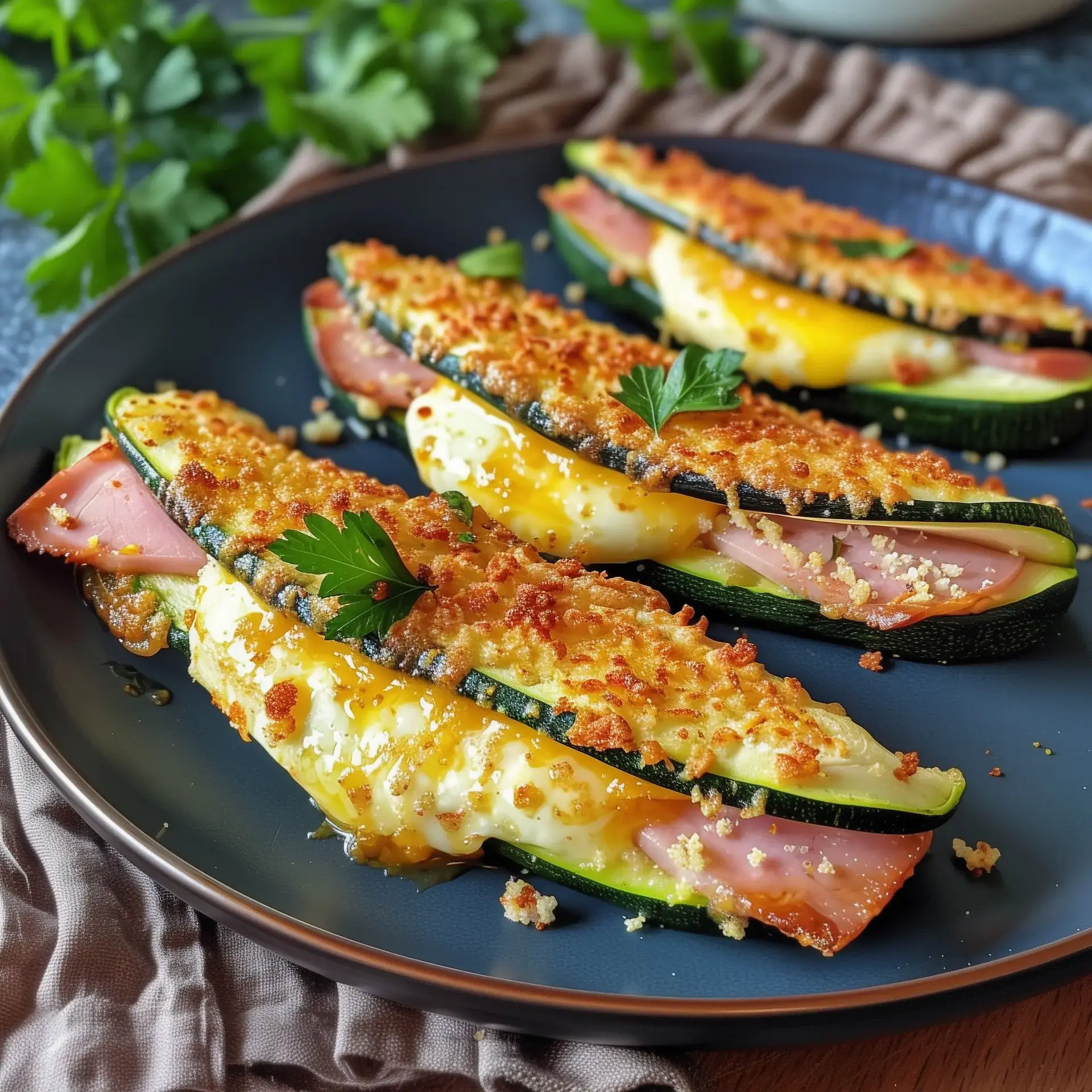 Des courgettes gratinées garnies de jambon, fromage et œufs, servies sur une assiette noire.