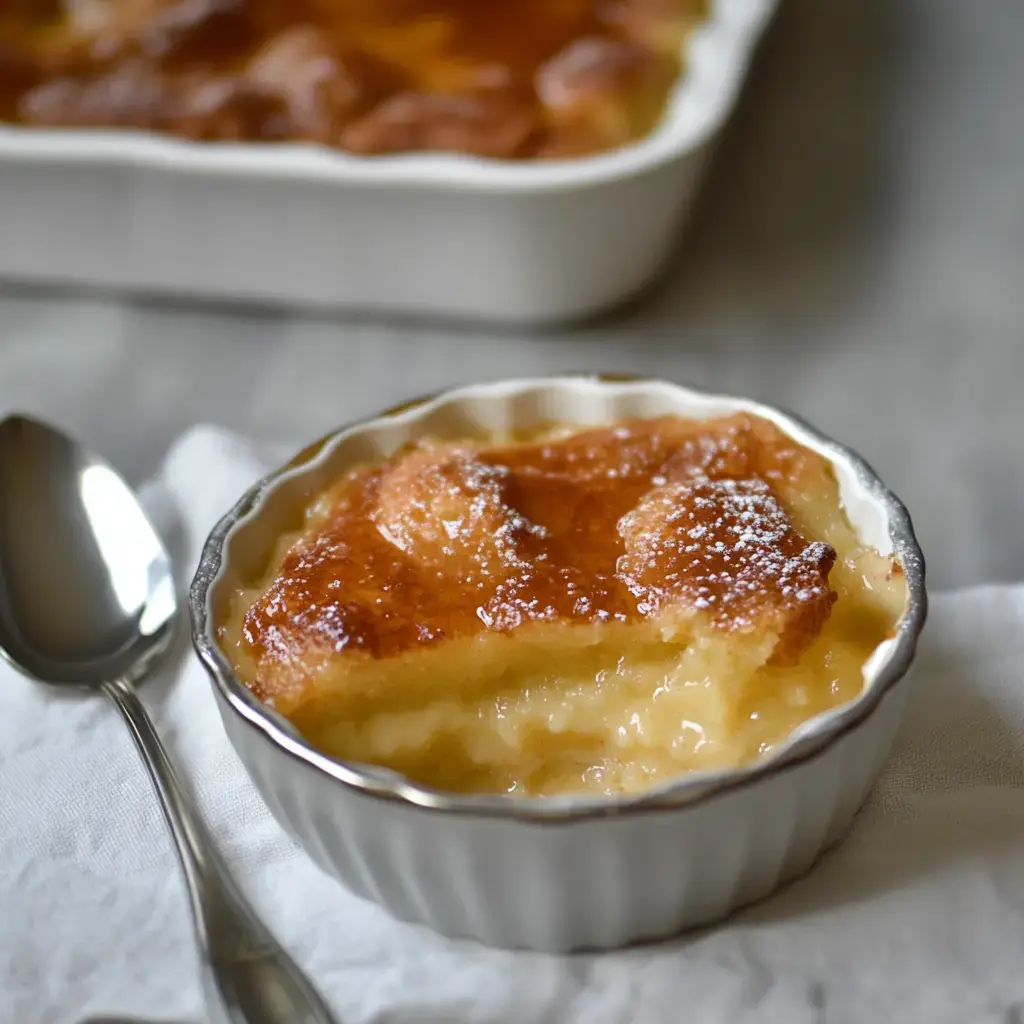 Un ramequin de dessert crémeux avec une croûte dorée, saupoudré de sucre glace.