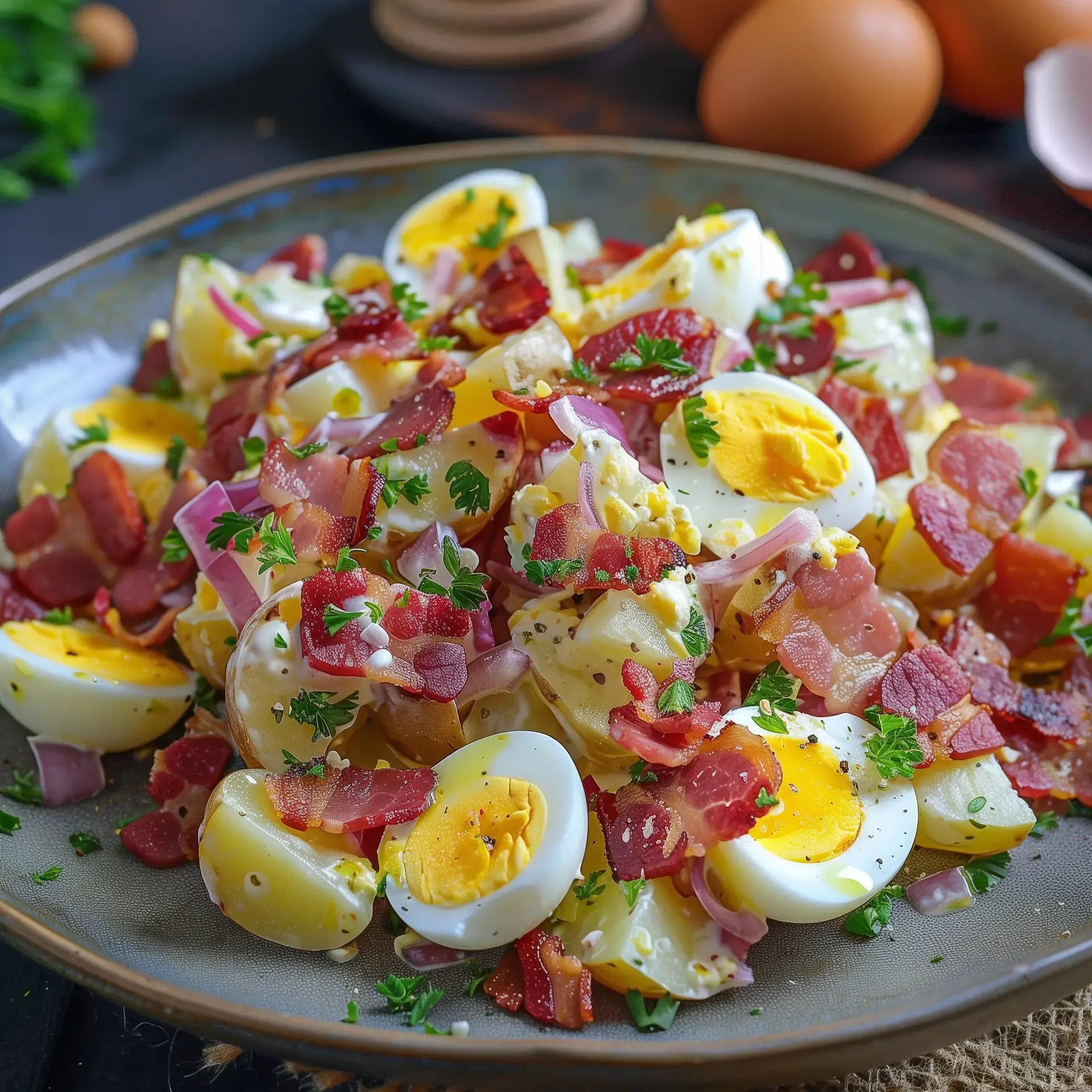 Une salade de pommes de terre garnie d'œufs durs, de bacon croustillant, d'oignons rouges et de persil frais.