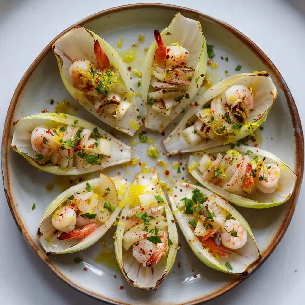 Des coquilles d'endives garnies de crevettes, de morceaux de pomme et d'herbes, présentées sur une assiette.