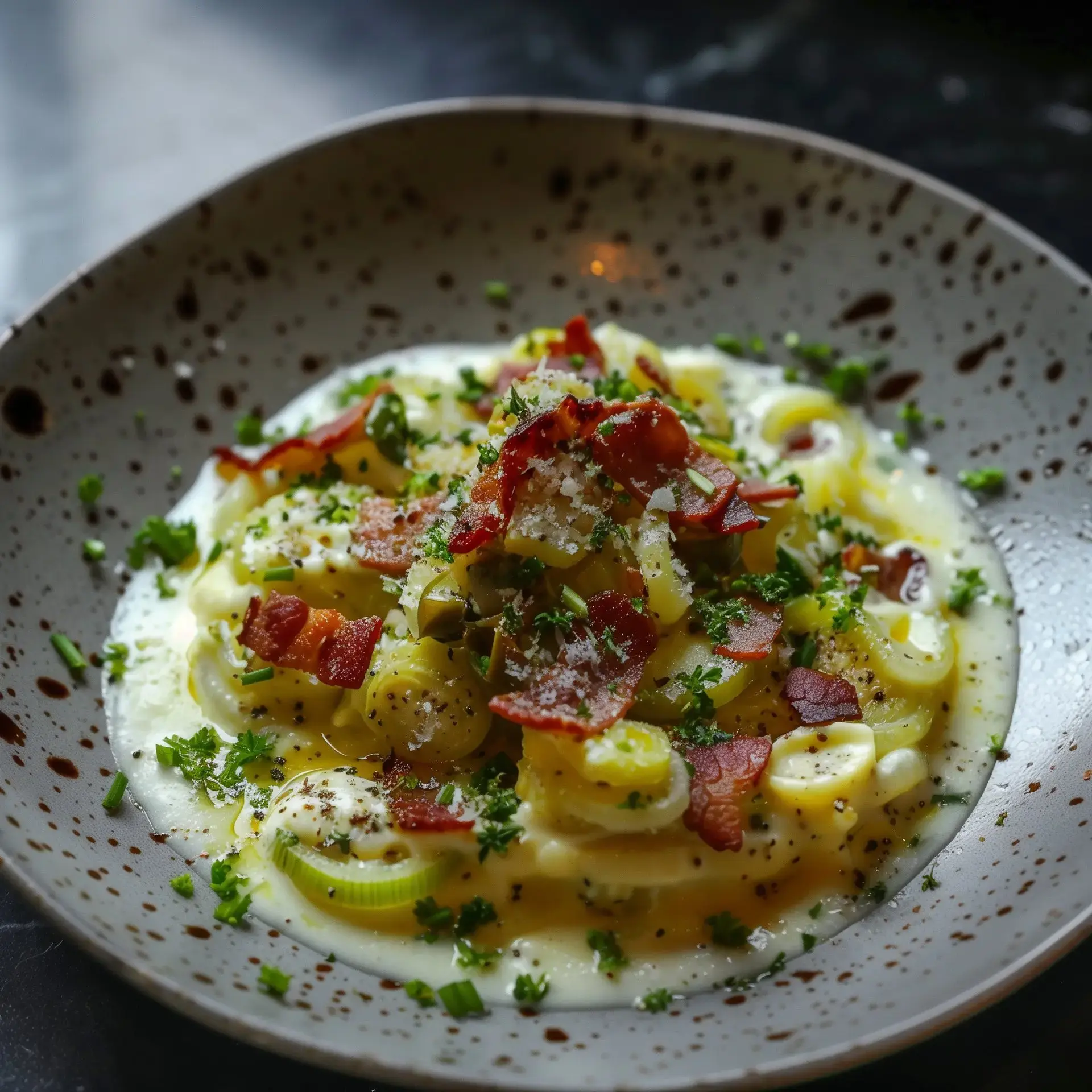 Un plat de pâtes crémeuses garni de morceaux de bacon croustillants et de persil frais, servi dans un bol décoré.