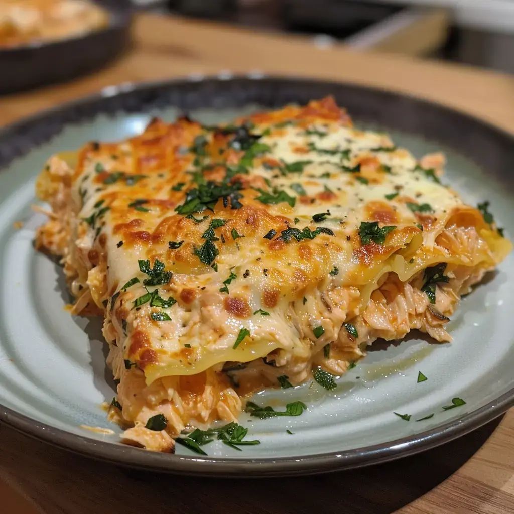 Un plat de lasagnes dorées, garnies de fromage et de persil, servies sur une assiette.