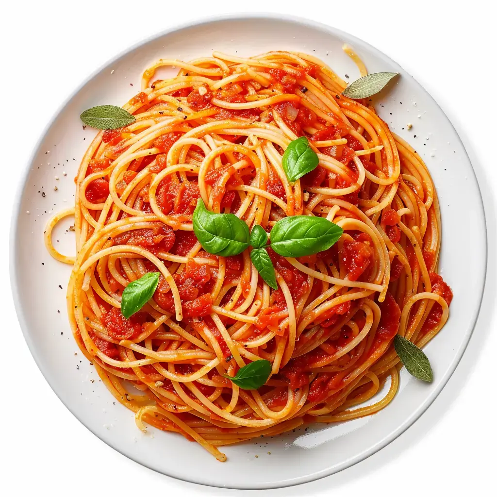 Une assiette de spaghetti garnie de sauce tomate et de basilic frais.