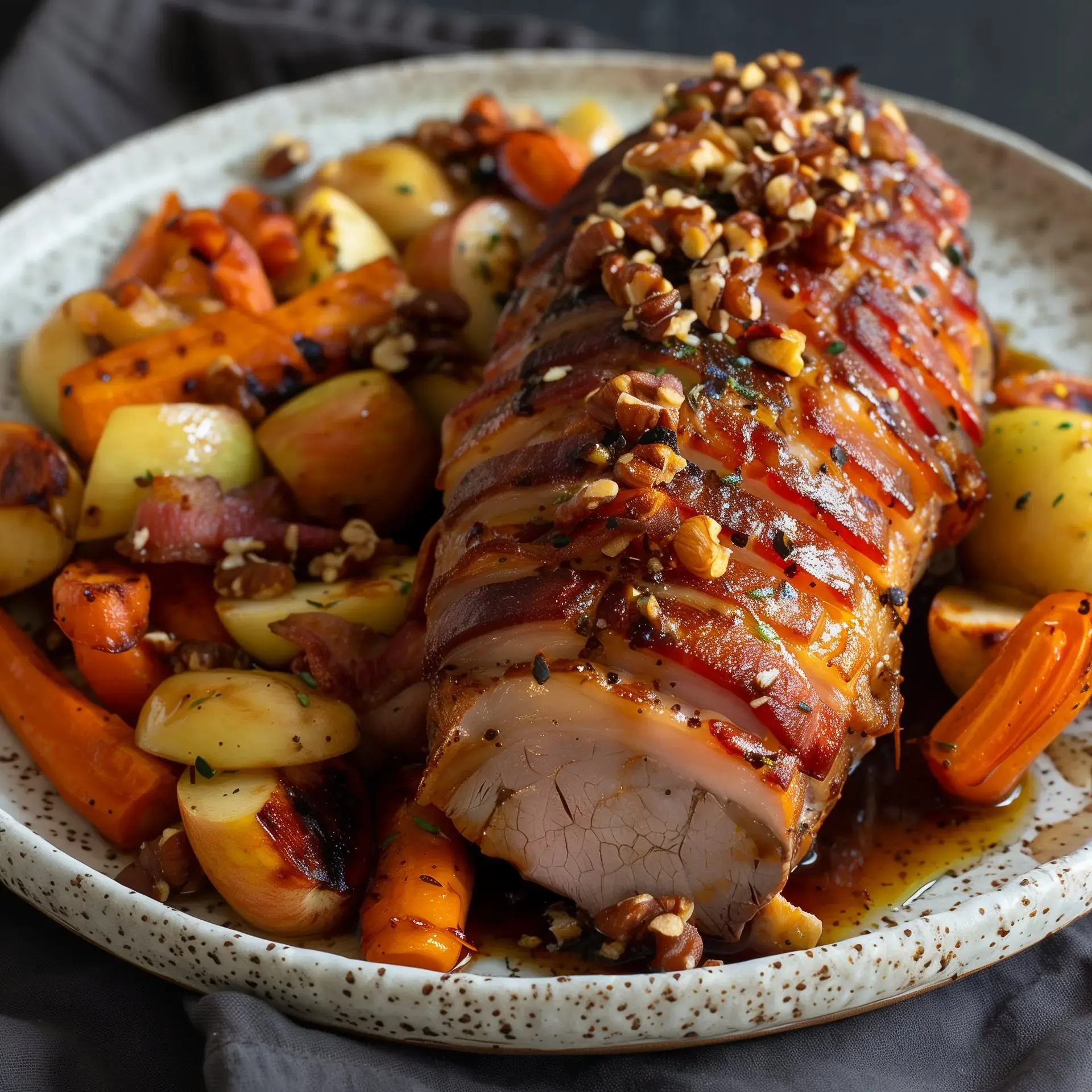 Une assiette de rôti de porc aux noix, accompagné de carottes et de pommes de terre rôties.