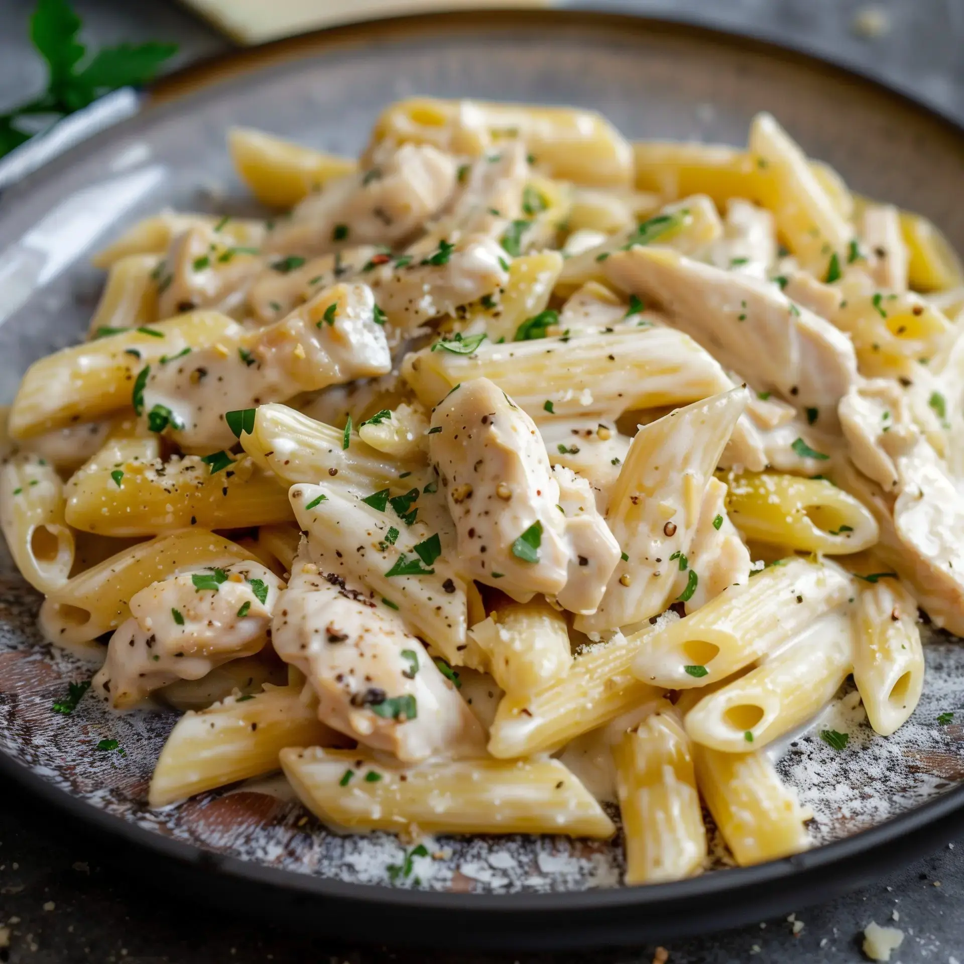 Des pâtes penne crémeuses avec du poulet et du persil sur une assiette.