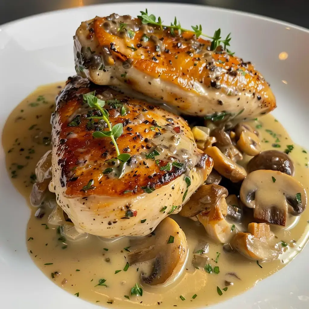 Deux blancs de poulet parfaitement dorés, garnis de thym, servis sur un lit de champignons dans une sauce crémeuse.