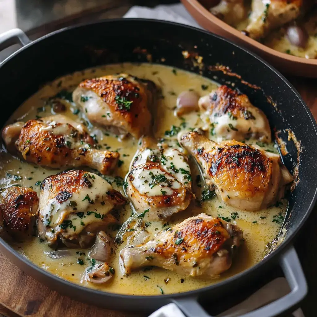 Un plat de poulet rôti avec une sauce crémeuse, garni de persil, dans une poêle.