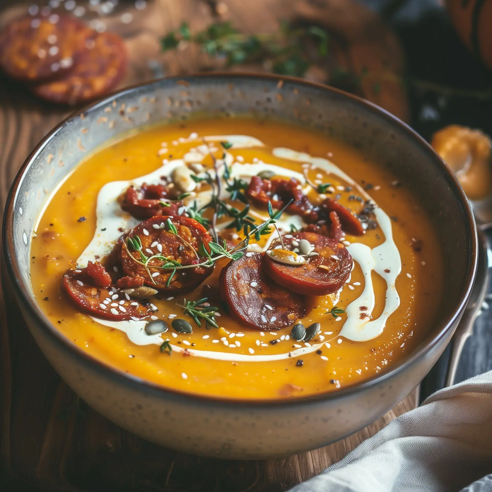 Une soupe de courge garnie de chorizo, de graines, de crème et de fines herbes.