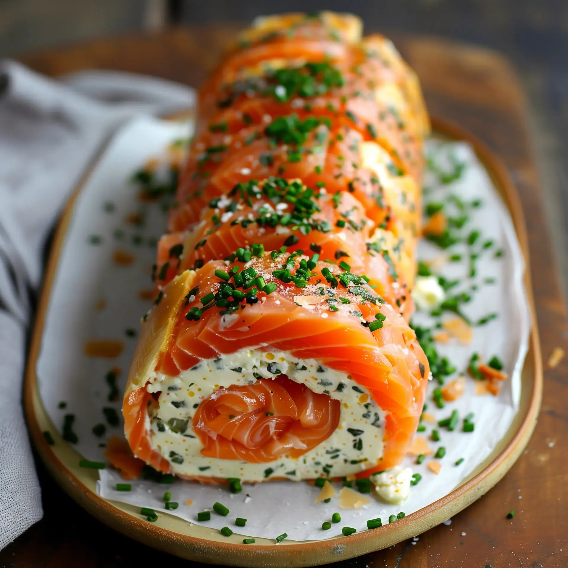 Un rouleau de saumon fumé farci de fromage crémeux et parsemé de ciboulette, présenté sur un plat.