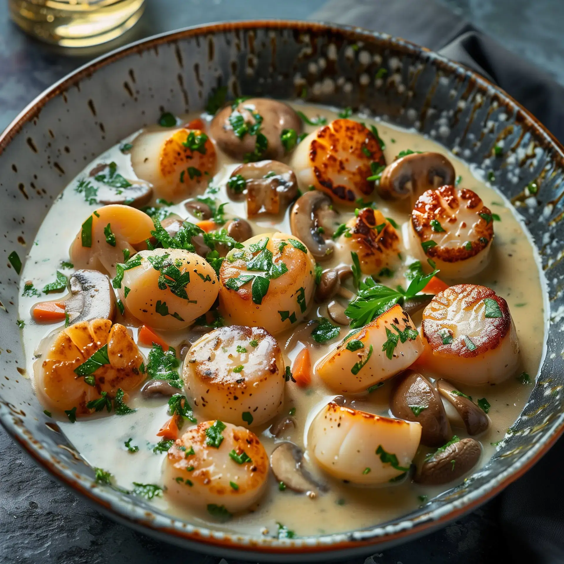 Une assiette de coquilles Saint-Jacques accompagnées de champignons dans une sauce crémeuse, garnie de persil frais.