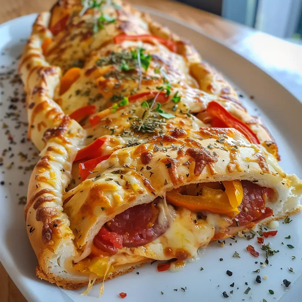 Une délicieuse préparation de pain farci au fromage, saucisse et légumes colorés, garnie d'herbes aromatiques.