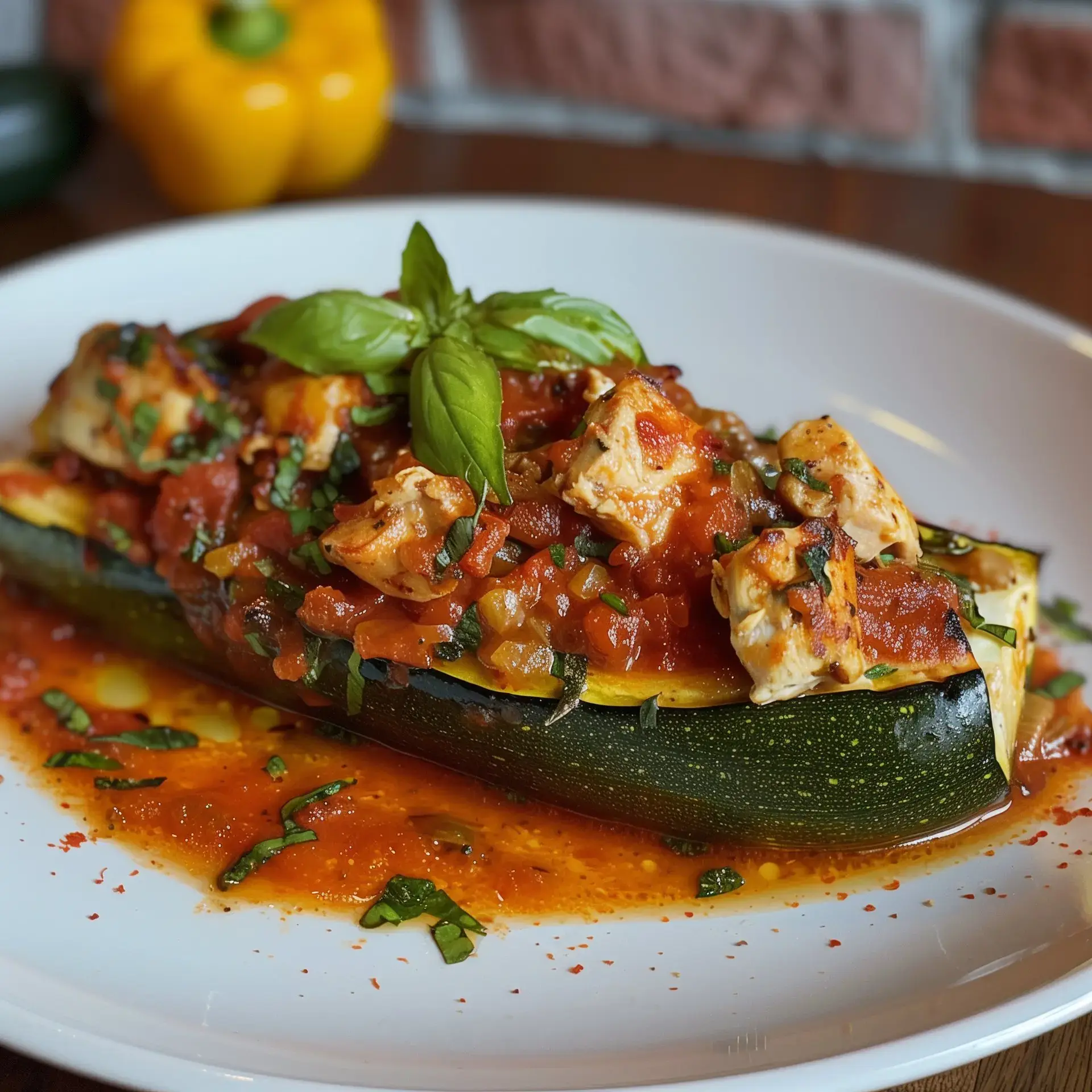 Un plat de courgette farcie de poulet et de sauce tomate, garni de feuilles de basilic.