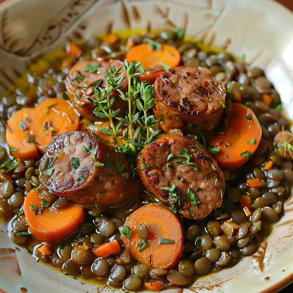 Plat de lentilles agrémenté de saucisse rôtie et de rondelles de carottes, garni de brins de thym.