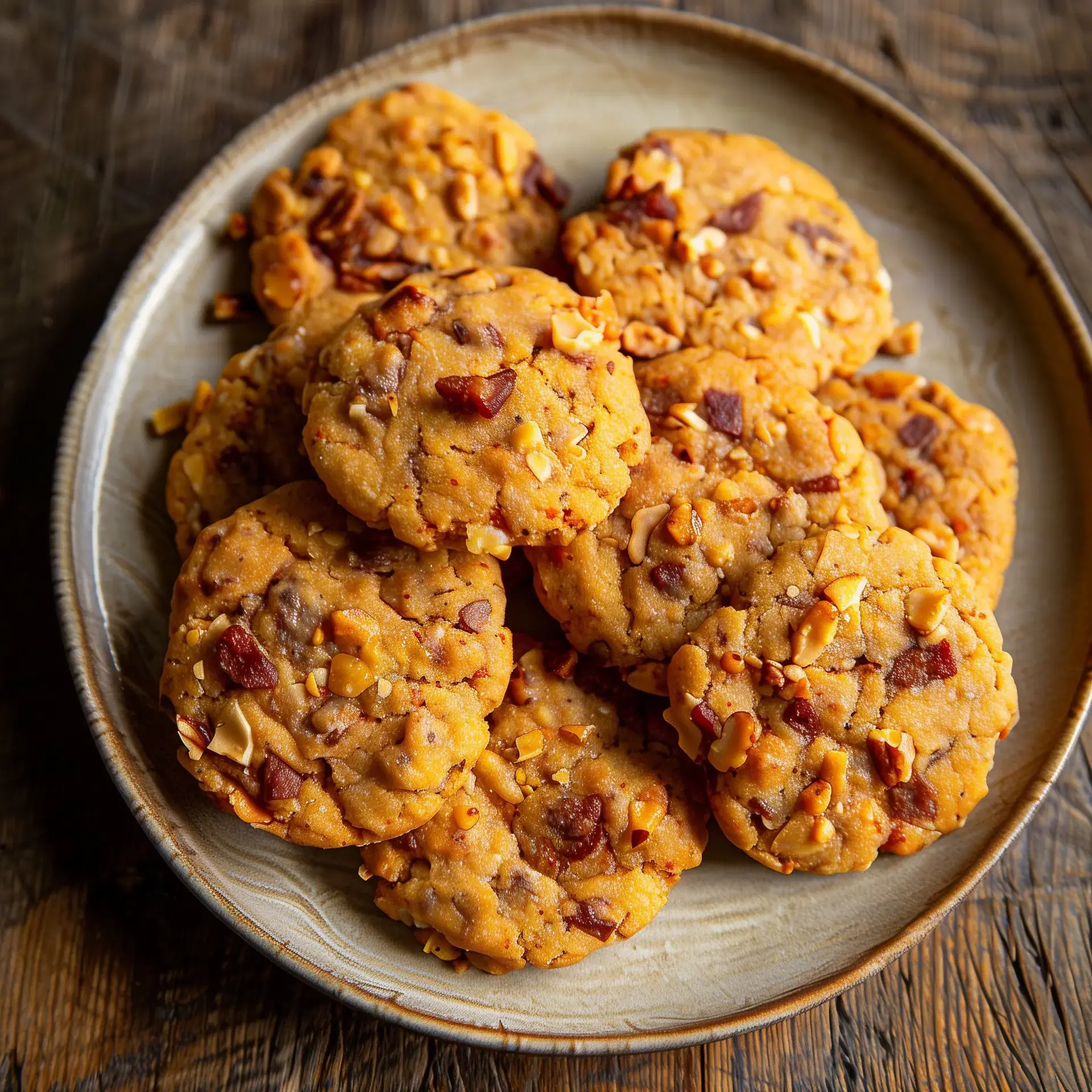 Un plat en céramique contient plusieurs biscuits dorés garnis de morceaux de noix et de viande séchée.