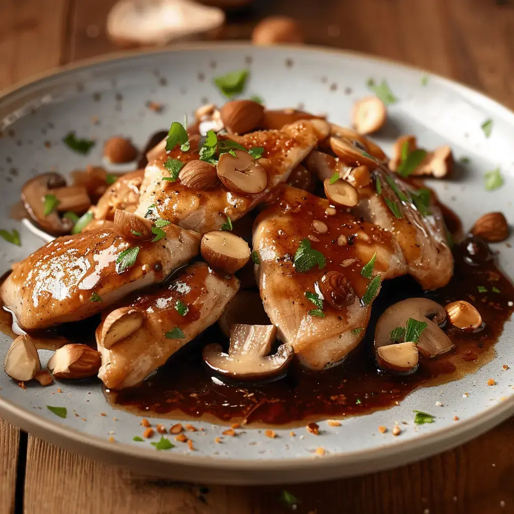 Plat de poulet aux amandes et champignons, nappé d'une sauce brune, garni de persil frais.