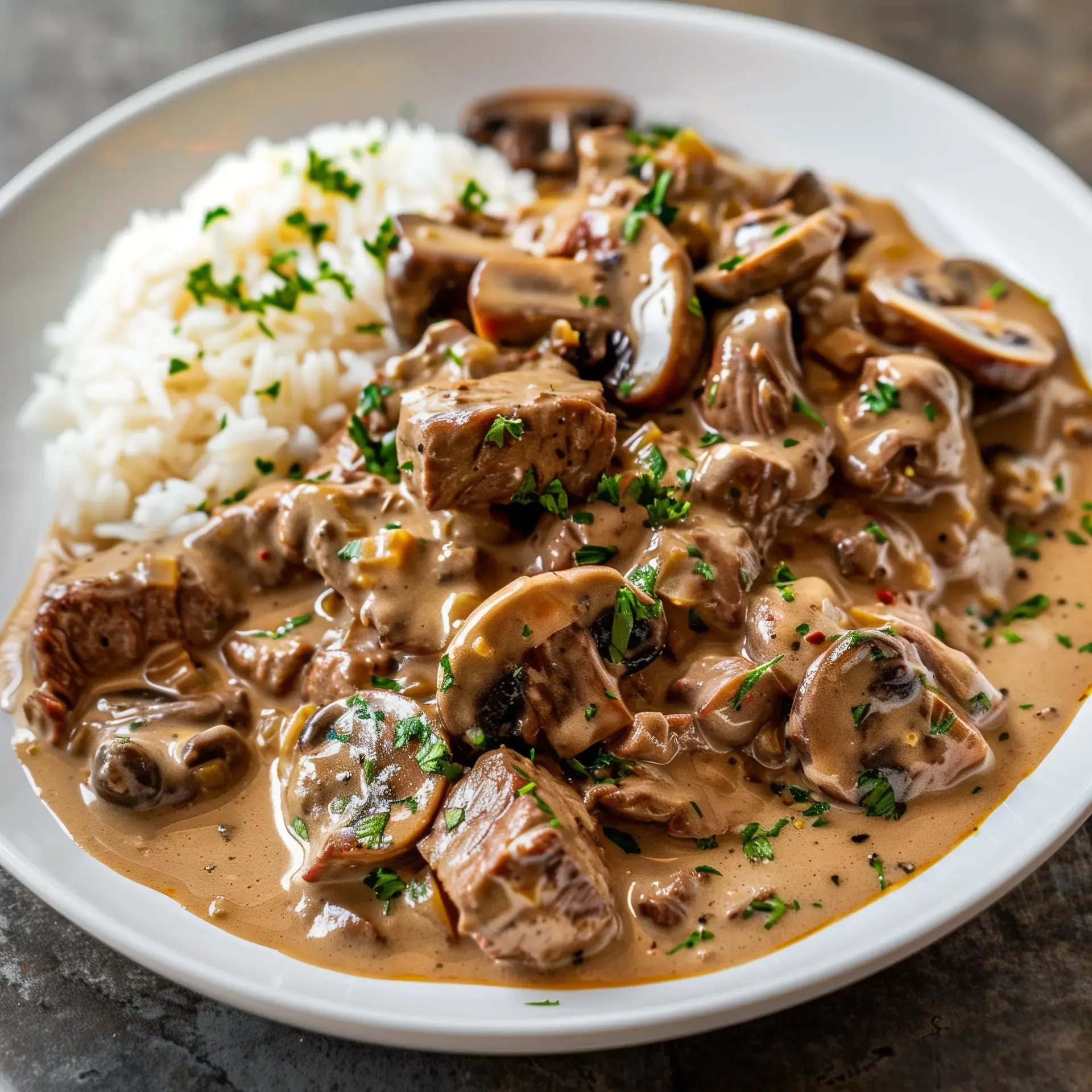 Un plat de viande à la sauce crémeuse avec des champignons, servi avec du riz blanc et garni de persil frais.