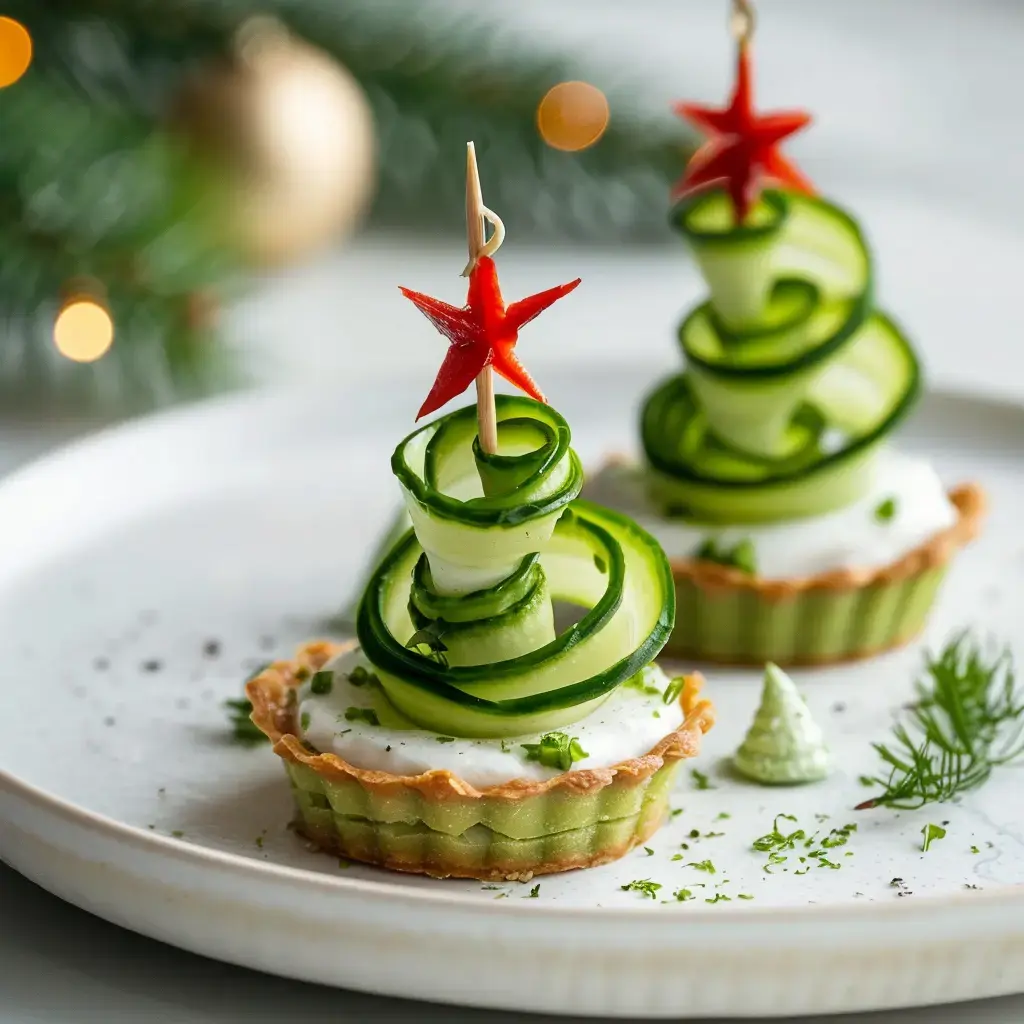 Deux tartelettes décorées en forme de sapin de Noël avec des spirales de concombre et une étoile en poivron rouge.