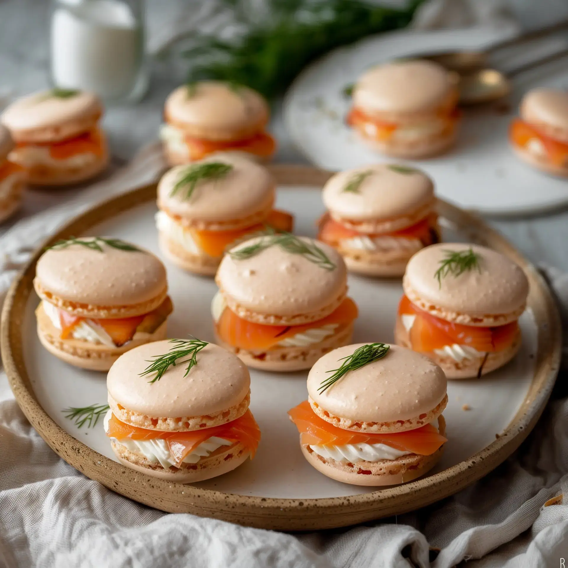 Des macarons garnis de saumon fumé et de crème, décorés d'aneth, sont présentés sur un plateau.