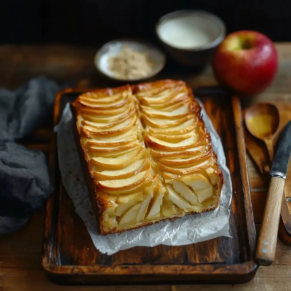 Un gâteau aux pommes, parfaitement doré et tranché, est présenté sur une planche en bois, accompagné d'une pomme et de deux petites coupelles contenant de la crème et du sucre.