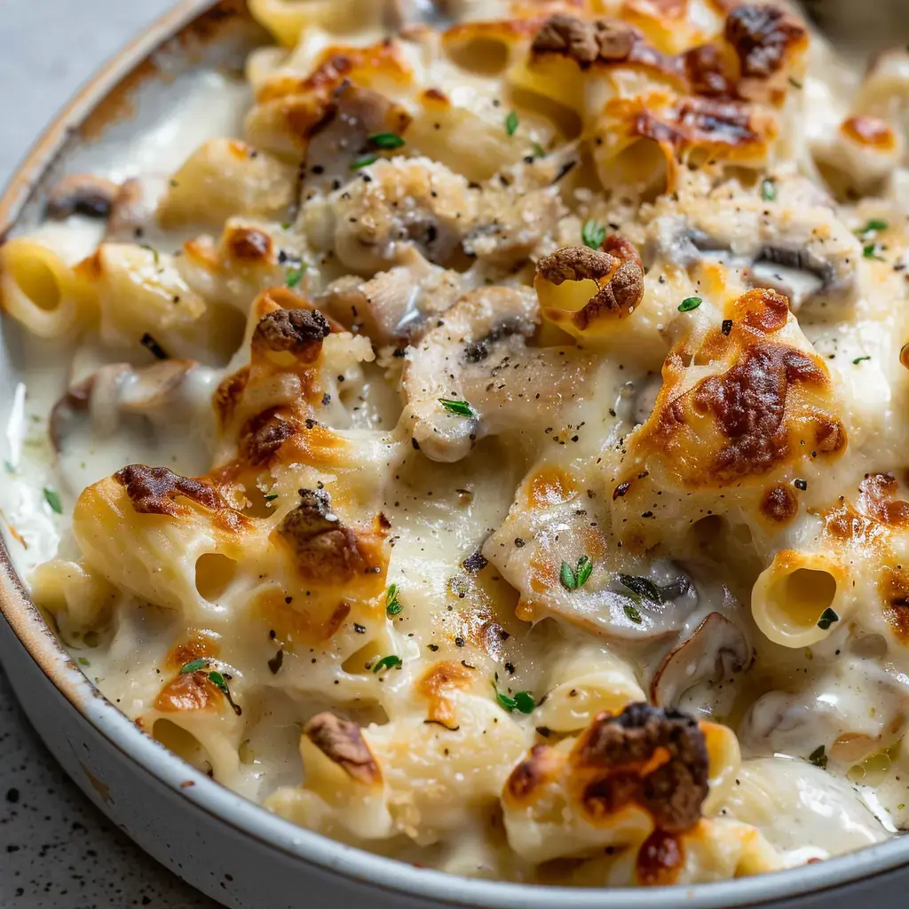 Un plat de pâtes gratinées avec une sauce crémeuse, des champignons et une croûte dorée.