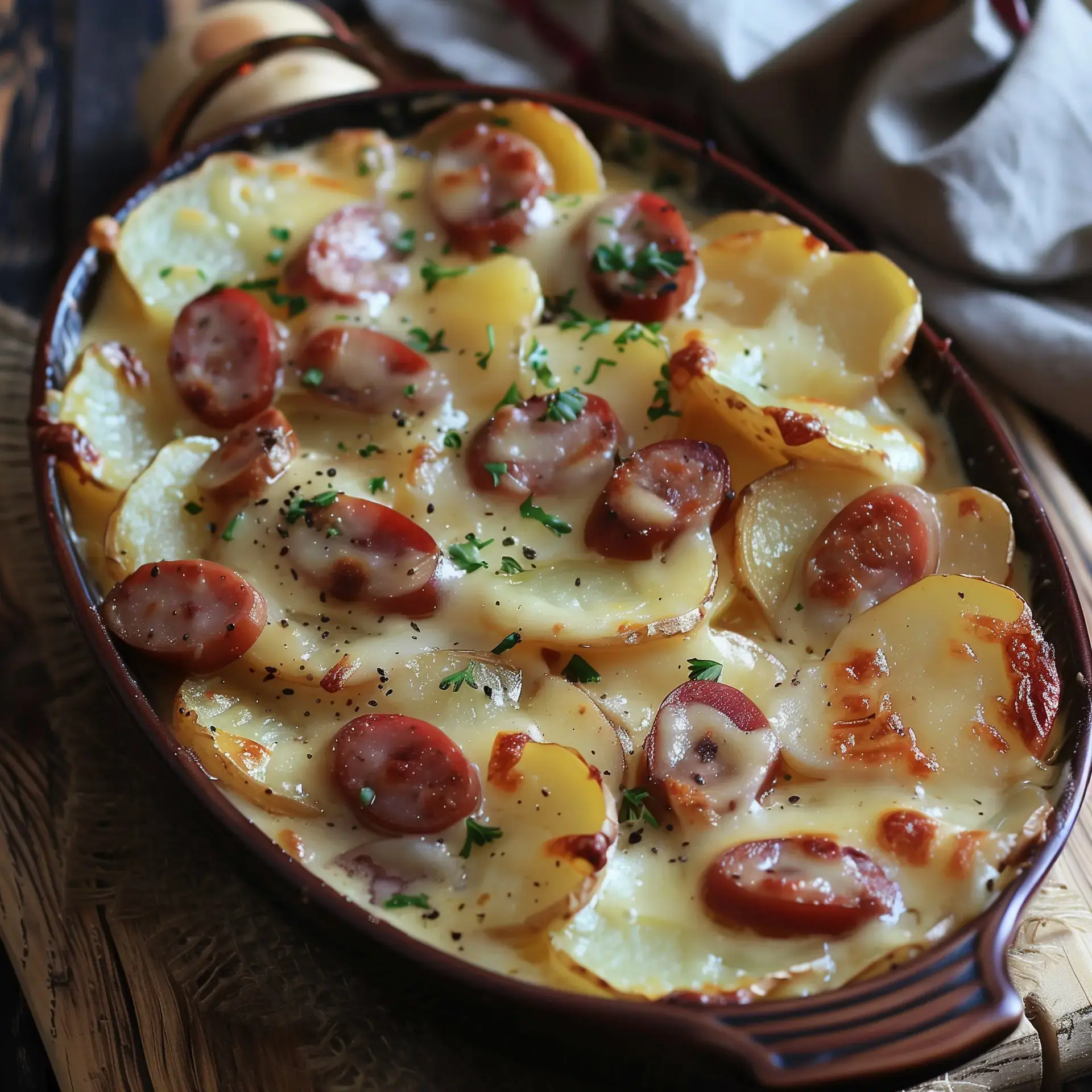 Un gratin de pommes de terre garni de tranches de saucisse, recouvert de fromage fondant et parsemé de persil.