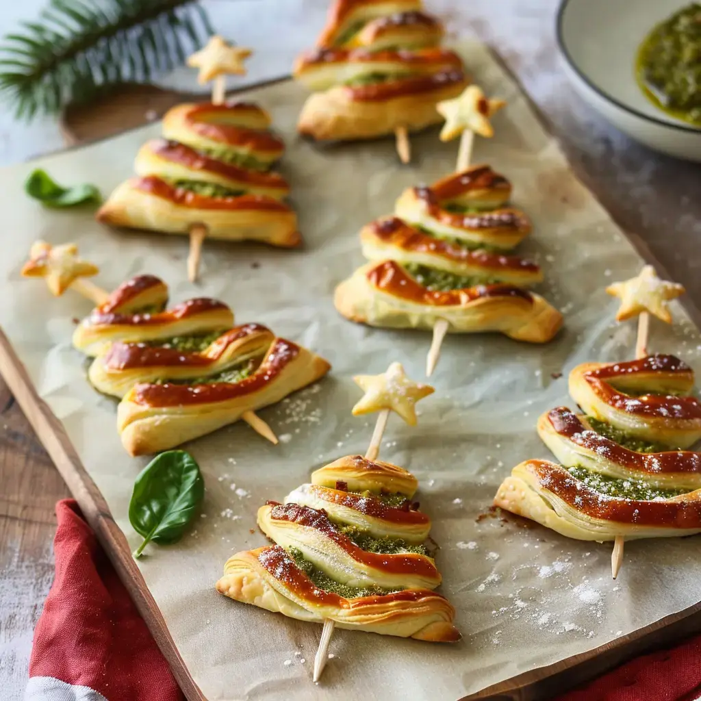 Des petites pâtisseries en forme de sapin de Noël, garnies de pesto et surmontées d'une étoile, sont disposées sur du papier parchemin.