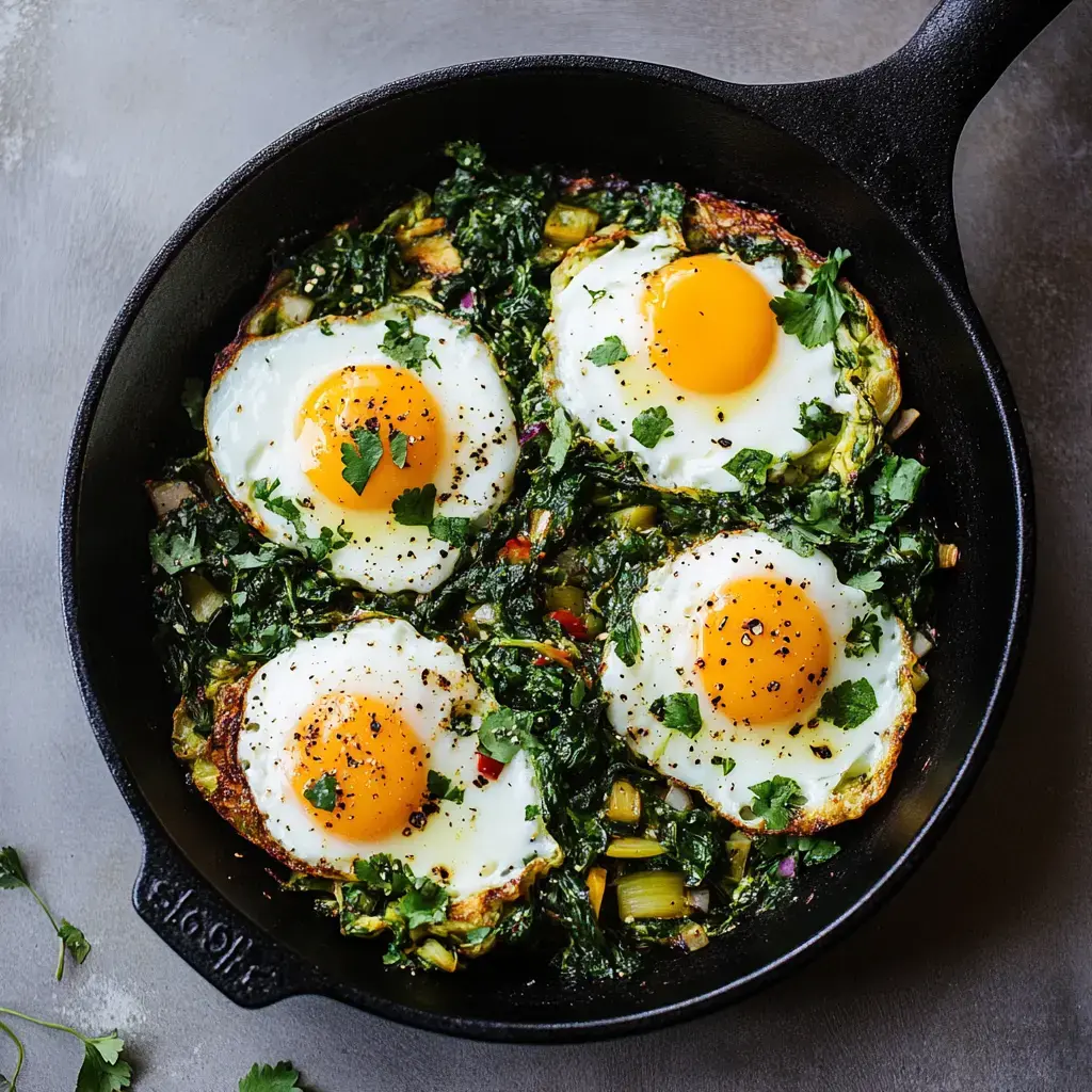 Oeufs au plat sur un lit de légumes verts dans une poêle en fonte.