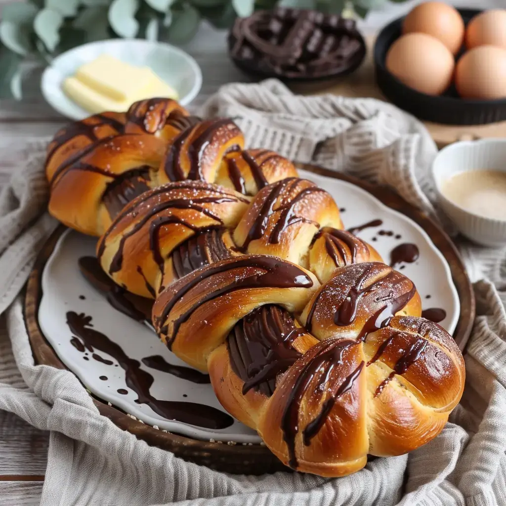 Une tresse de pain légèrement dorée, garnie de chocolat et saupoudrée de sucre, accompagnée d'œufs et de beurre sur une table en bois.