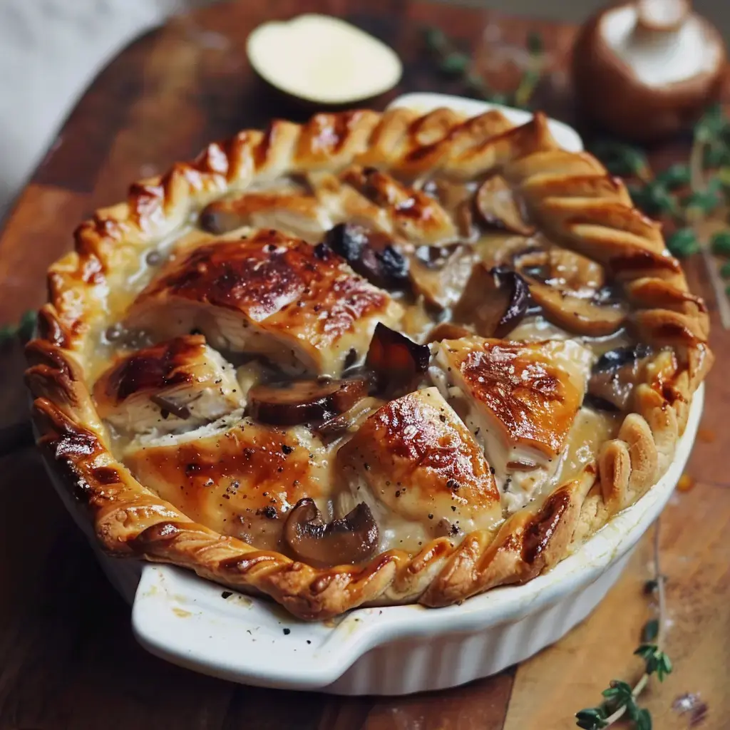 Une tarte au poulet dorée, garnie de morceaux de poulet et de champignons, servie dans un plat en céramique.