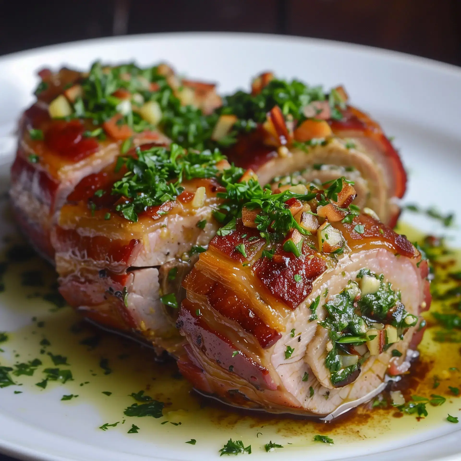 Un plat de viande roulée garnie de légumes, accompagnée de sauce et parsemée de persil frais.