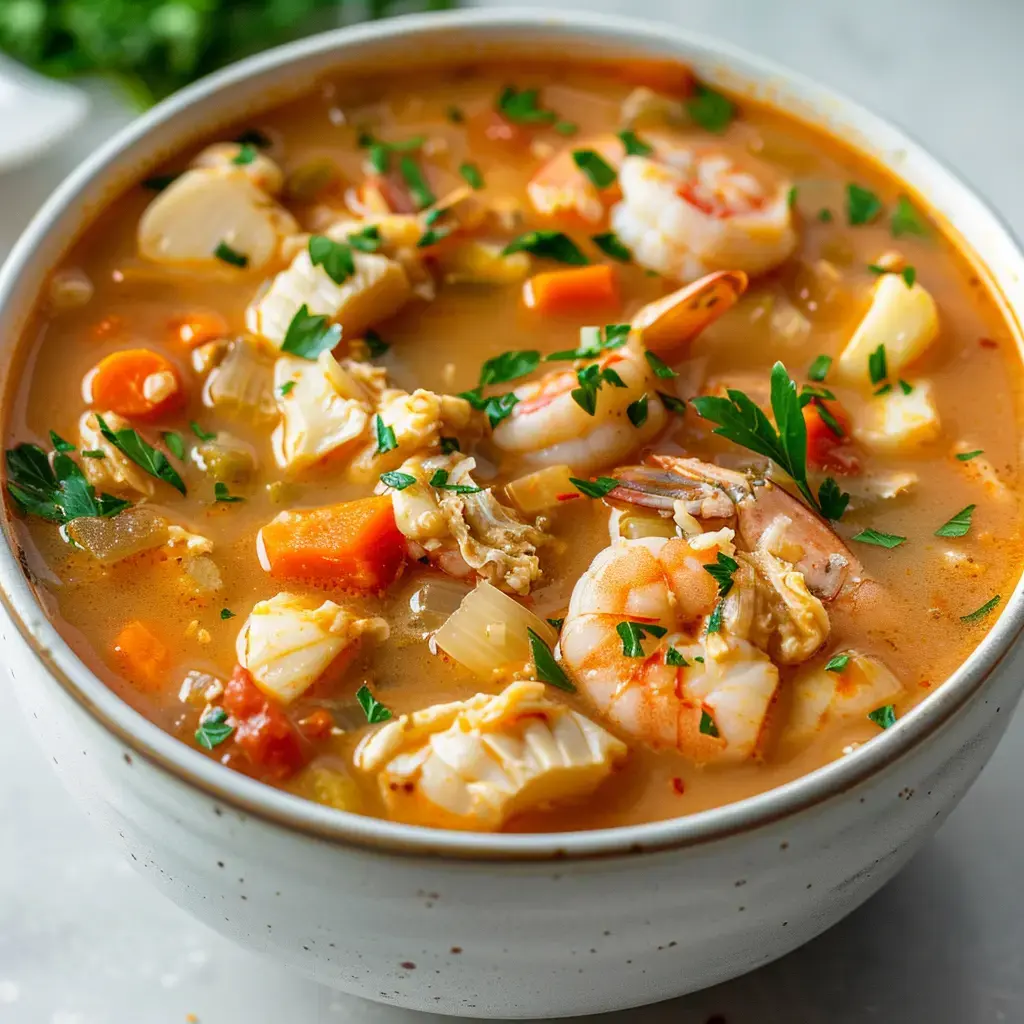 Une soupe de fruits de mer colorée avec des crevettes, des morceaux de légumes et garnie de persil frais.