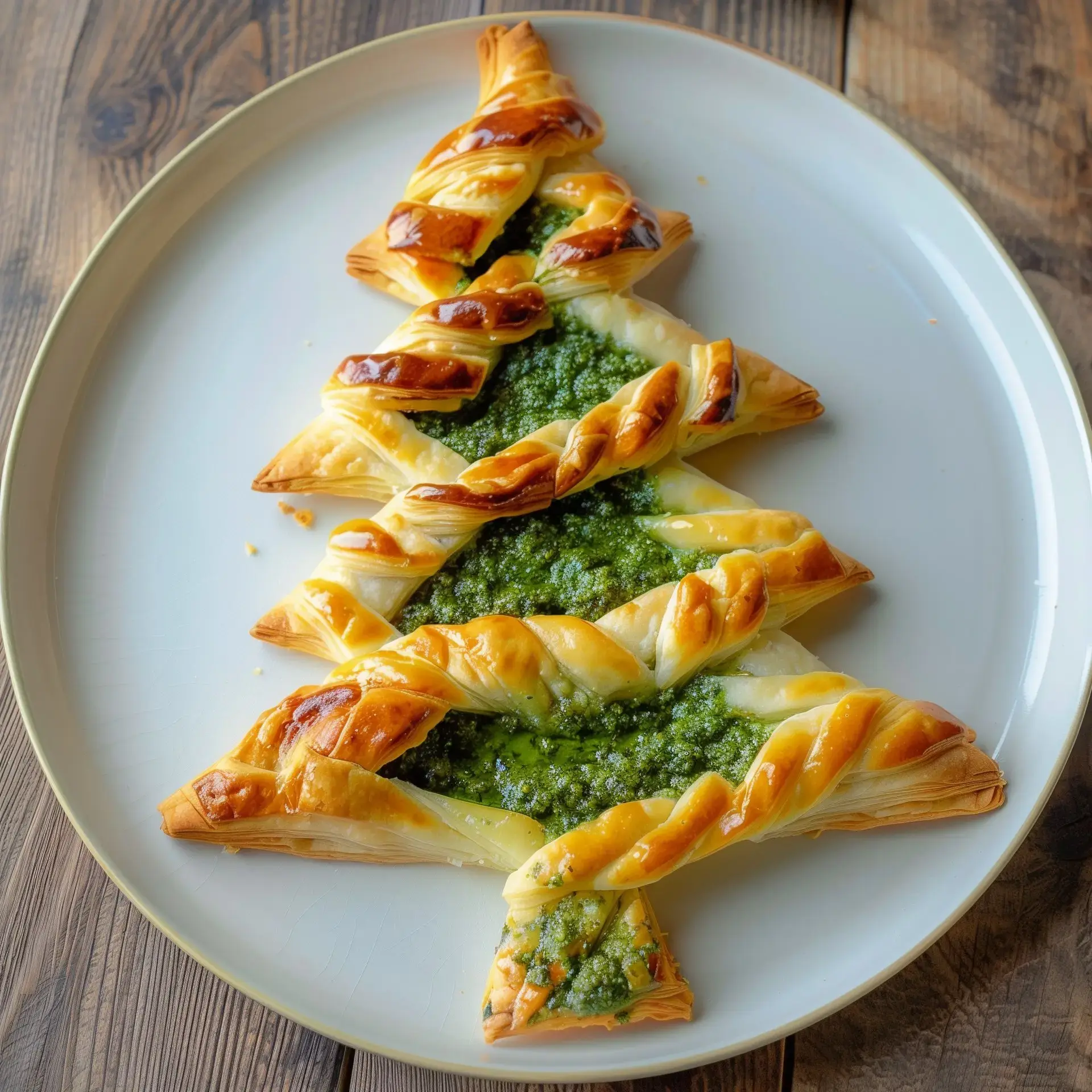 Un arbre de Noël en pâte feuilletée garni de pesto, présenté sur une assiette blanche.