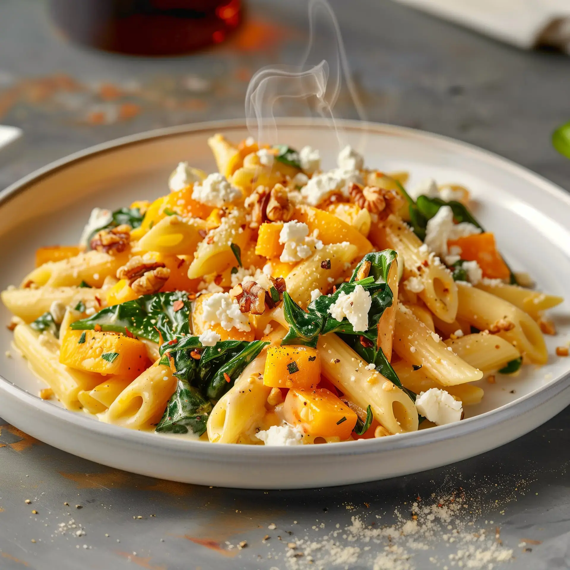 Un plat de pâtes penne chaud garni de morceaux de potiron, d'épinards, de noix et de fromage feta.