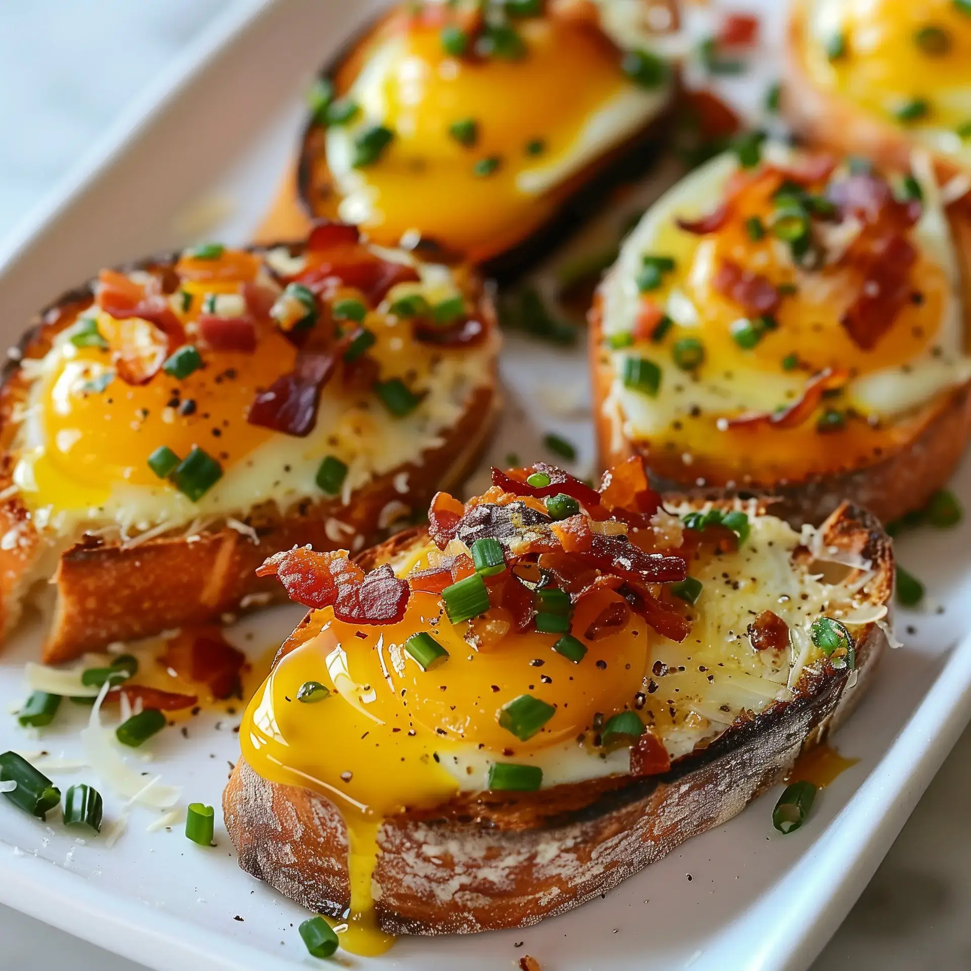 Des tranches de pain garnies de jaune d'œuf, de bacon croustillant et de ciboulette hachée.