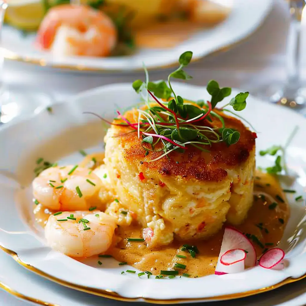 Un plat gourmet composé d'un gâteau de fruits de mer doré, garni de pousses et accompagné de crevettes et de radis sur une assiette élégante.