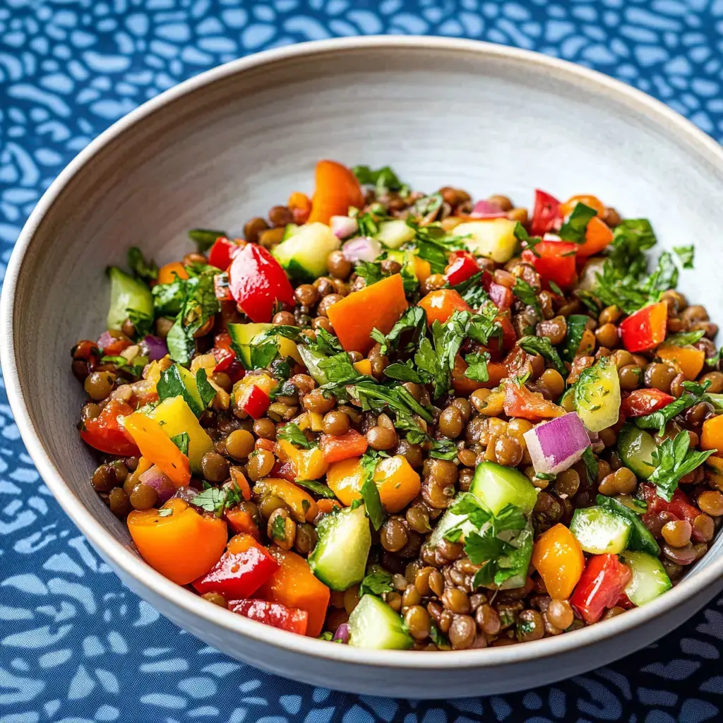 Une salade colorée de lentilles mélangées avec des poivrons, des concombres et de la coriandre dans un bol.